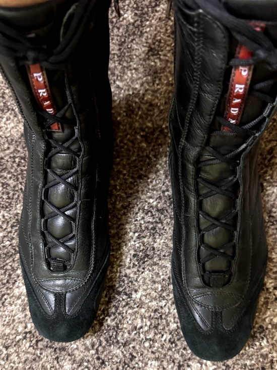 Prada Shoes - Women's Prada Black Leather High-Top Lace-Up Boots with Red Tongue Tag
